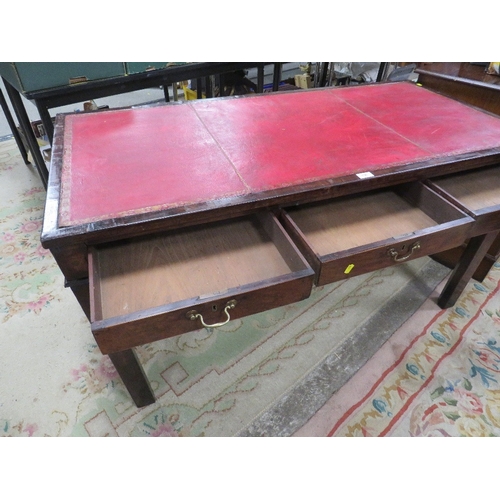 756 - A 19th century mahogany leather topped library table with three frieze drawers H 74 cm W 137 cm