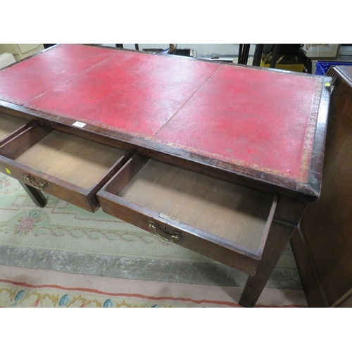 756 - A 19th century mahogany leather topped library table with three frieze drawers H 74 cm W 137 cm