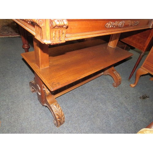 759 - An antique mahogany metamorphic three tier dumb waiter W 100 cm