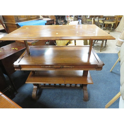 759 - An antique mahogany metamorphic three tier dumb waiter W 100 cm