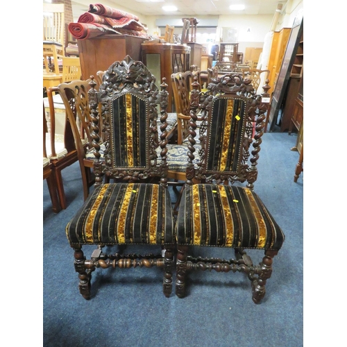 767 - A pair of oak carved barley twist Jacobean style chairs