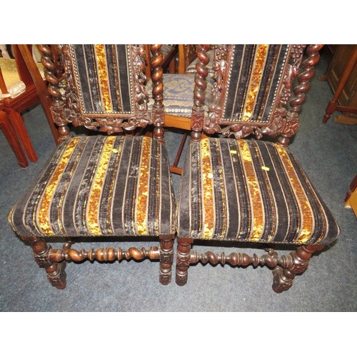 767 - A pair of oak carved barley twist Jacobean style chairs