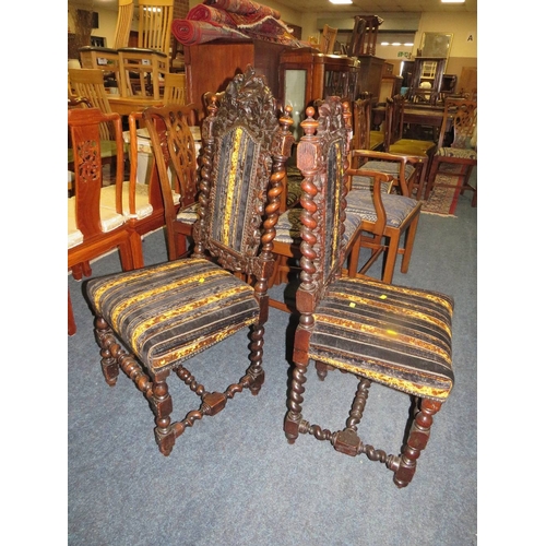 767 - A pair of oak carved barley twist Jacobean style chairs