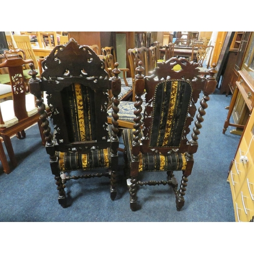 767 - A pair of oak carved barley twist Jacobean style chairs