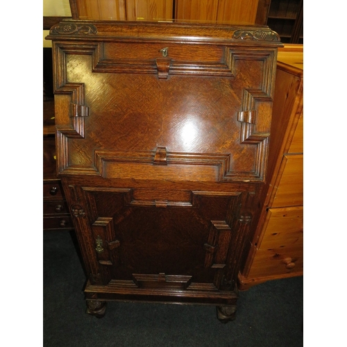 778 - A vintage unusual narrow oak carved bureau W 61 cm