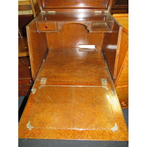 778 - A vintage unusual narrow oak carved bureau W 61 cm