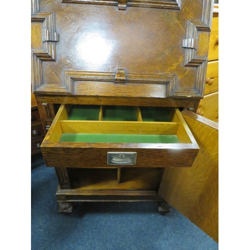 778 - A vintage unusual narrow oak carved bureau W 61 cm