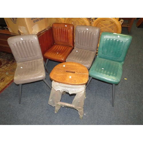 793 - A collection of four assorted leather dining chairs together with a wooden stool and armchair