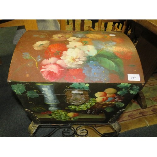 787 - A painted domed casket on wrought stand