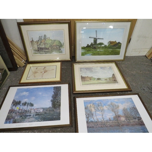 26 - A collection of assorted pictures to include a pair of signed prints, a large watercolour of a windm... 