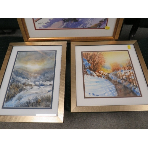 38 - Marilyn Allis ‘Steam and snow’ watercolour, signed, 43 x 35 cm, together with two further Winter sce... 