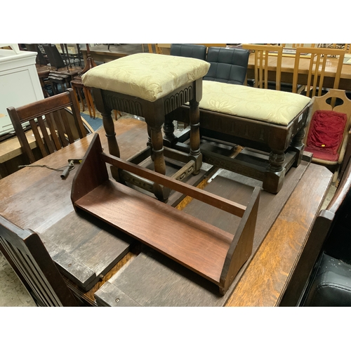 754 - Two oak upholstered stools together with a mid century teak book shelf  (3)