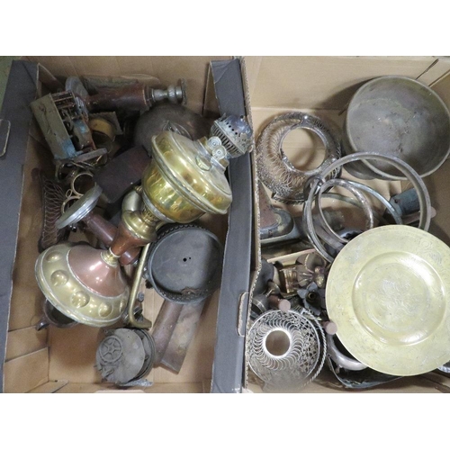 106 - Two trays of assorted metal ware to include an oil lamp base