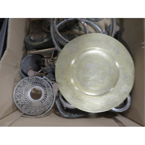 106 - Two trays of assorted metal ware to include an oil lamp base