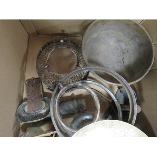 106 - Two trays of assorted metal ware to include an oil lamp base