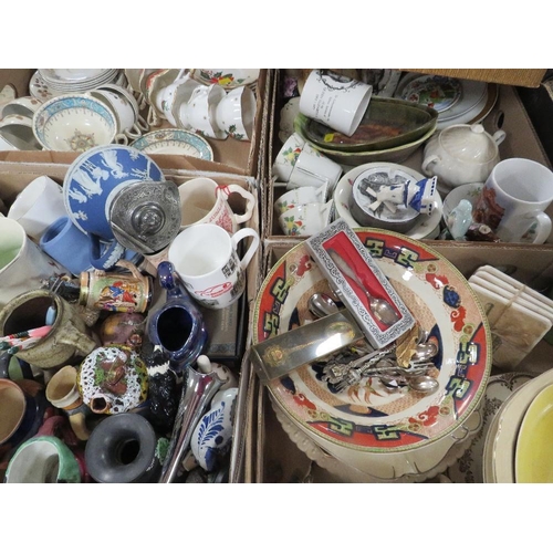 110 - Four trays of assorted ceramics together with a tray of glassware to include a pewter lidded Wedgwoo... 