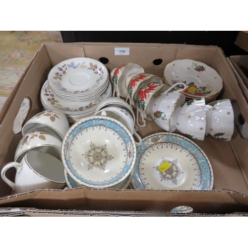 110 - Four trays of assorted ceramics together with a tray of glassware to include a pewter lidded Wedgwoo... 