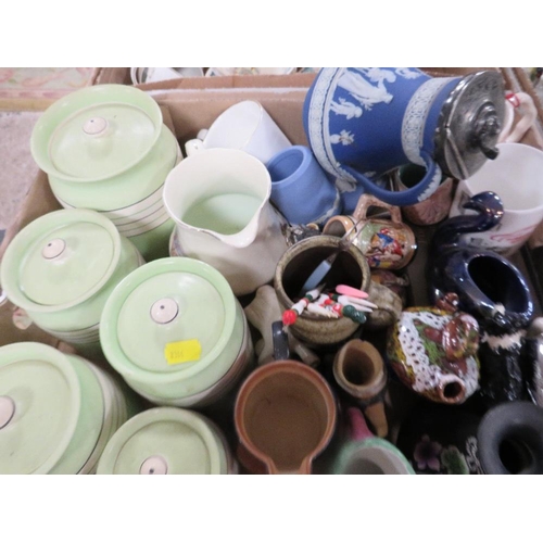 110 - Four trays of assorted ceramics together with a tray of glassware to include a pewter lidded Wedgwoo... 