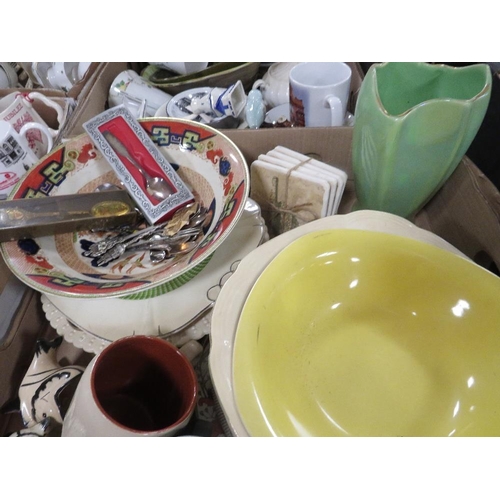 110 - Four trays of assorted ceramics together with a tray of glassware to include a pewter lidded Wedgwoo... 