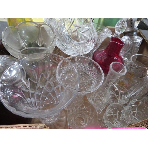 110 - Four trays of assorted ceramics together with a tray of glassware to include a pewter lidded Wedgwoo... 