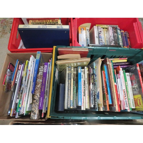 112 - A large quantity of books over several trays to include many hardback war and railway related books