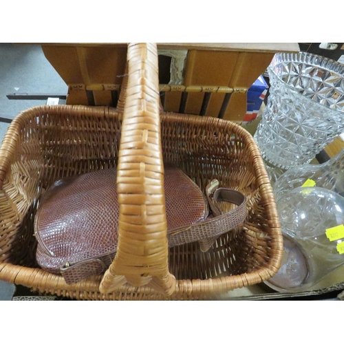 117 - A tray of sundries to include cut glass vase, wicker basket etc