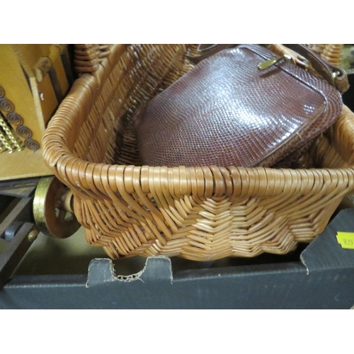 117 - A tray of sundries to include cut glass vase, wicker basket etc