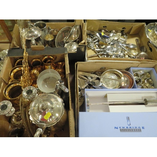 120 - Five trays of assorted metal ware to include a pair of boxed Newbridge modernist style candlesticks,... 