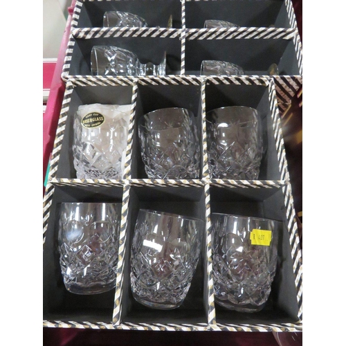 139 - Two trays of crystal and glass to include boxed Royal Albert and Edinburgh examples