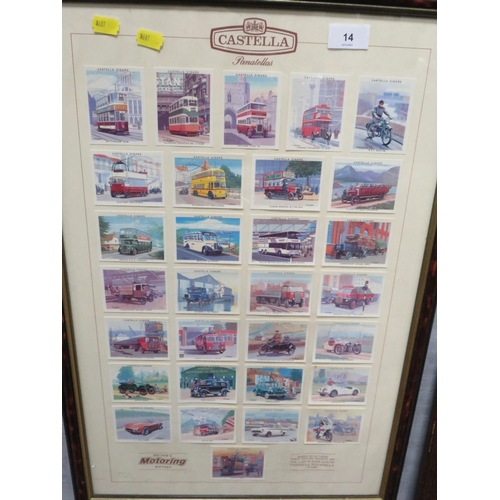 14 - A framed set of Motoring History cigar cards, an oil of a country scene and a locomotive picture. (3... 