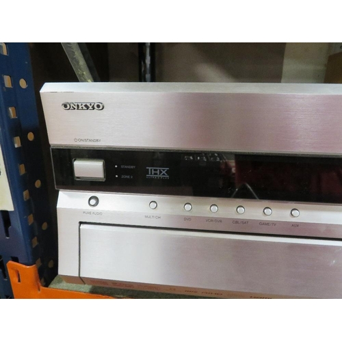 160 - A  Onkyo AV receiver TX-SR806 together with a wireless remote control amplifier R1 and a pair of spe... 