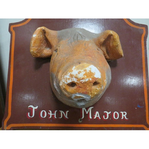 198 - A vintage plaster study of a pigs head on a wooden plaque titles 'John Major', inscribed verso 'Norm... 