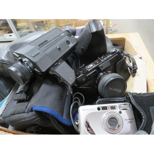 201 - A tray of cameras and audio equipment to include Yashica example