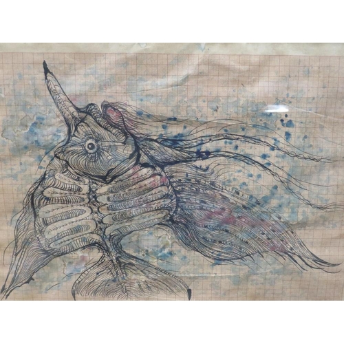 23 - Attributed to Jan Lebenstein (1930-1999). A framed drawing of a fish 39.5 x 29.5 cm, together with t... 