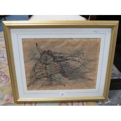 23 - Attributed to Jan Lebenstein (1930-1999). A framed drawing of a fish 39.5 x 29.5 cm, together with t... 