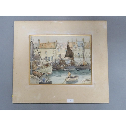 3 - Andrew Garnlay ? A Cornish school watercolour depicting a fishing harbour 30 x 38 cm