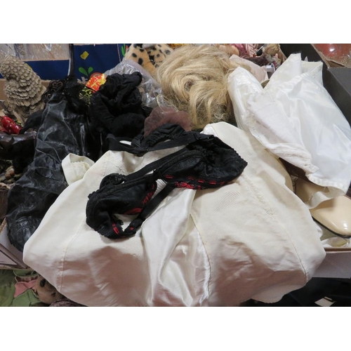 55 - A tray of assorted ladies lingerie, stockings, wigs etc