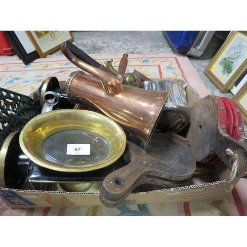 67 - A box of metalware to include brass and copperware