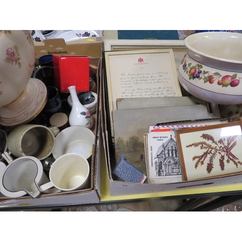 94 - Three trays of sundries to include a Devon Fielding's jardinière, cameras, clocks barometer etc