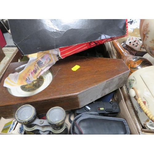 94 - Three trays of sundries to include a Devon Fielding's jardinière, cameras, clocks barometer etc