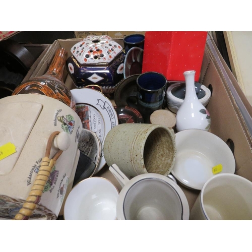 94 - Three trays of sundries to include a Devon Fielding's jardinière, cameras, clocks barometer etc