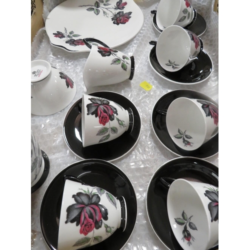 96 - A Royal Albert Masquerade coffee set, coffee pot, milk and sugar, cake plate, 6 cups/saucers