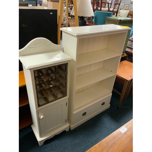 762 - A modern white painted open bookcase and a small wine rack cabinet. (2)