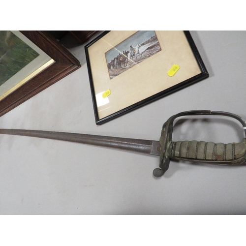 208 - An antique sword A/F together with a framed and glazed display of 9 military badges and two framed a... 