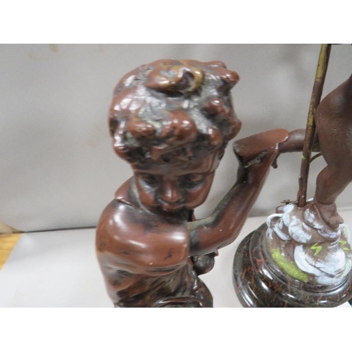 217 - A cast metal cherubic lamp A/F together with a bronze effect lamp base  and a cast metal figural lam... 