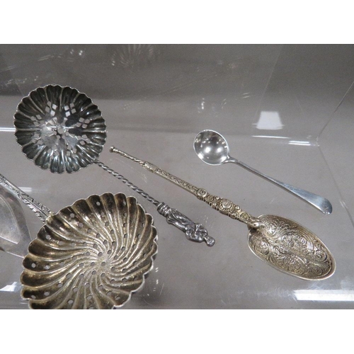 287 - Five assorted hallmarked silver spoons to include a swirl pattern sifter example, a hallmarked silve... 