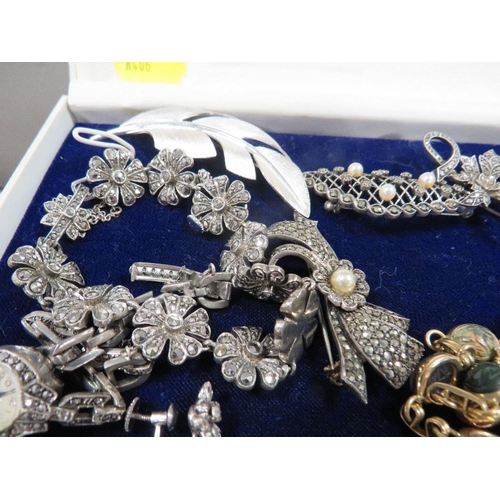 298 - A tray of assorted silver and white metal jewellery to include marcasite example