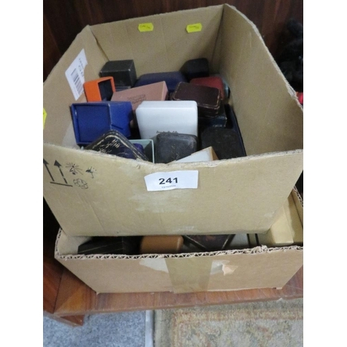 241 - Two boxes of antique and vintage jewellery boxes for rings, brooches, studs, etc.