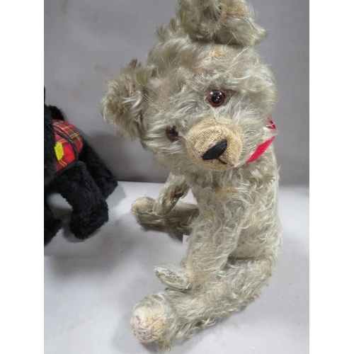 243 - A vintage teddy bear together with a modern Scottie toy dog