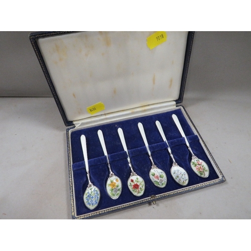 324 - A set of six hallmarked silver enamel floral pattern spoons